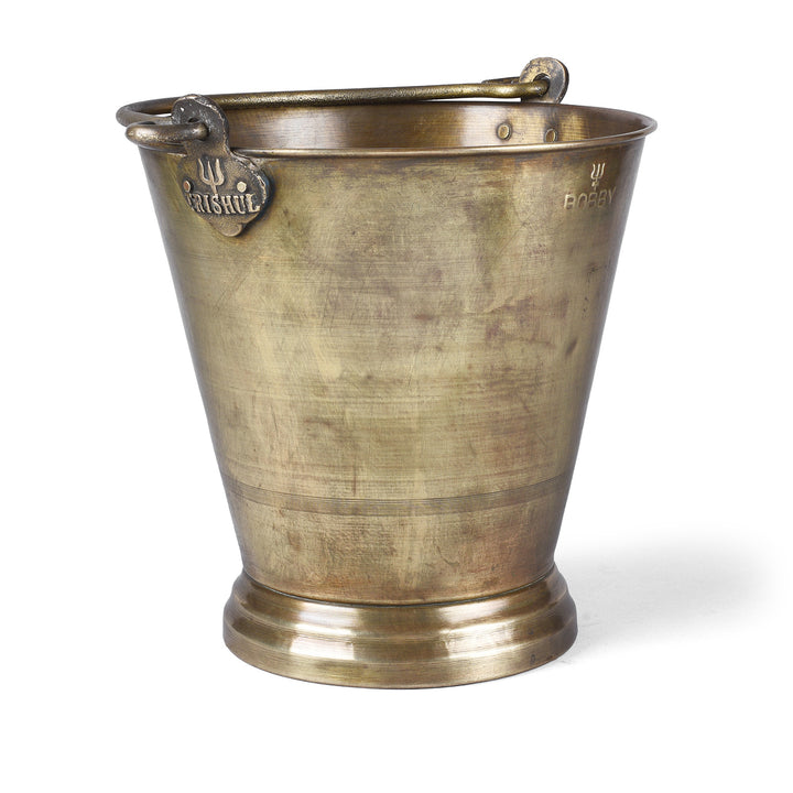Antique Brass Bucket With Trishul Trident Maker’s Mark And Swing Handle From India