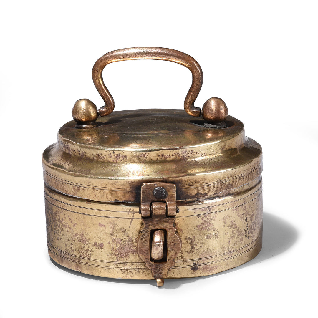 Antique Brass Chapati Box From Rajasthan With Handle And Clasp Circa 1900