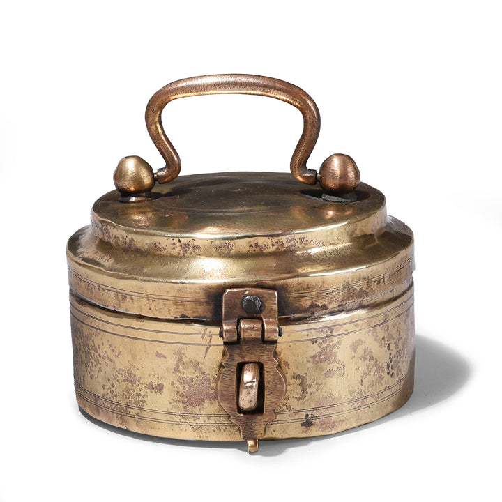 Antique Brass Chapati Box From Rajasthan With Handle And Clasp Circa 1900