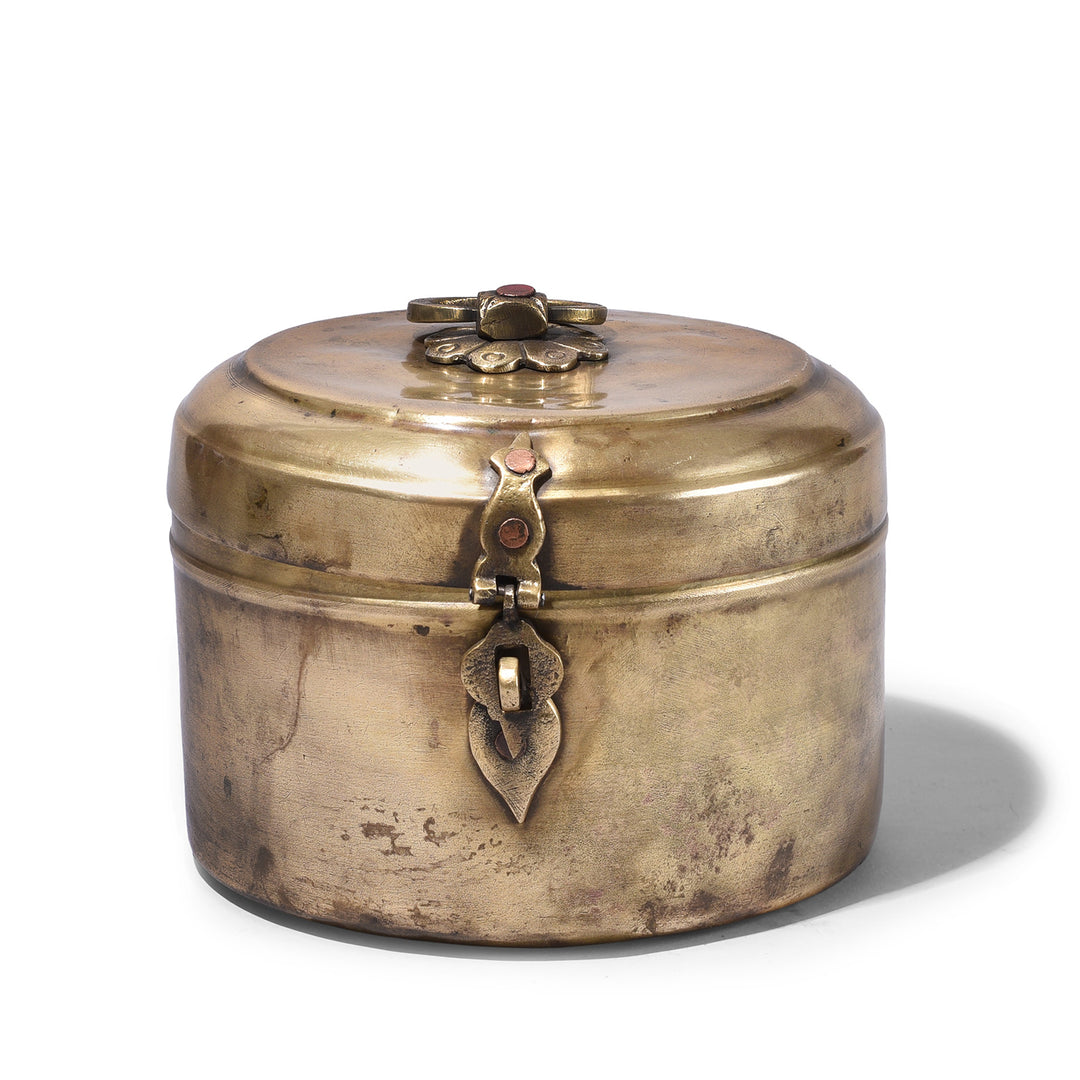 Antique Brass Chapati Box From Rajasthan With Plain Lid And Floral Boss Circa 1920