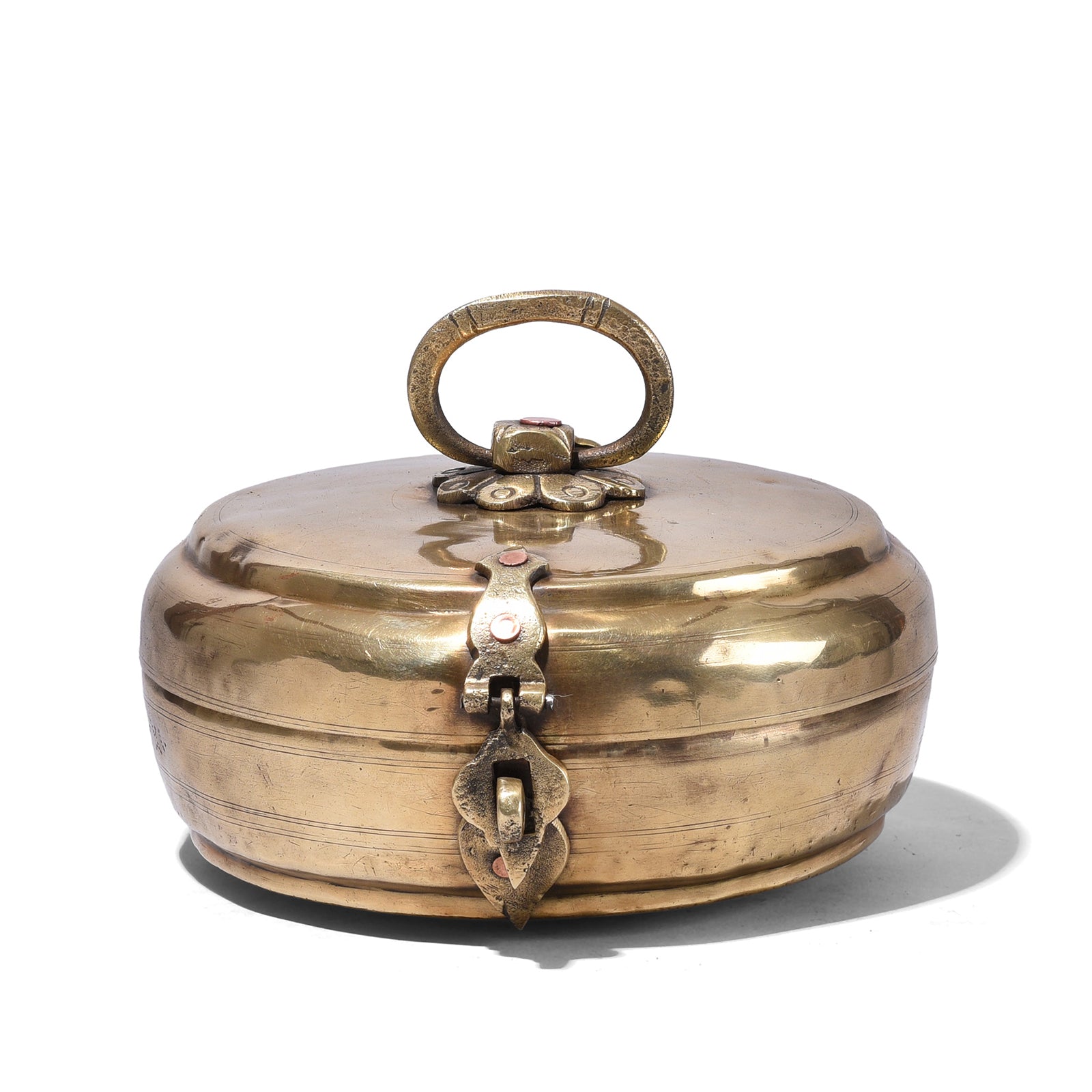 Antique Brass Chapati Box From Rajasthan With Plain Lid And Loop Handle Circa 1900