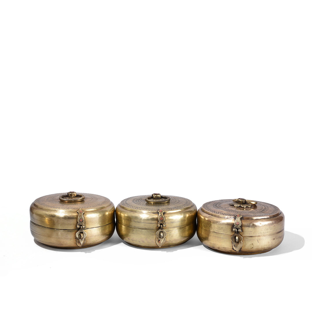 Antique Brass Chapati Boxes From Rajasthan With Engraved Lids Circa 1900