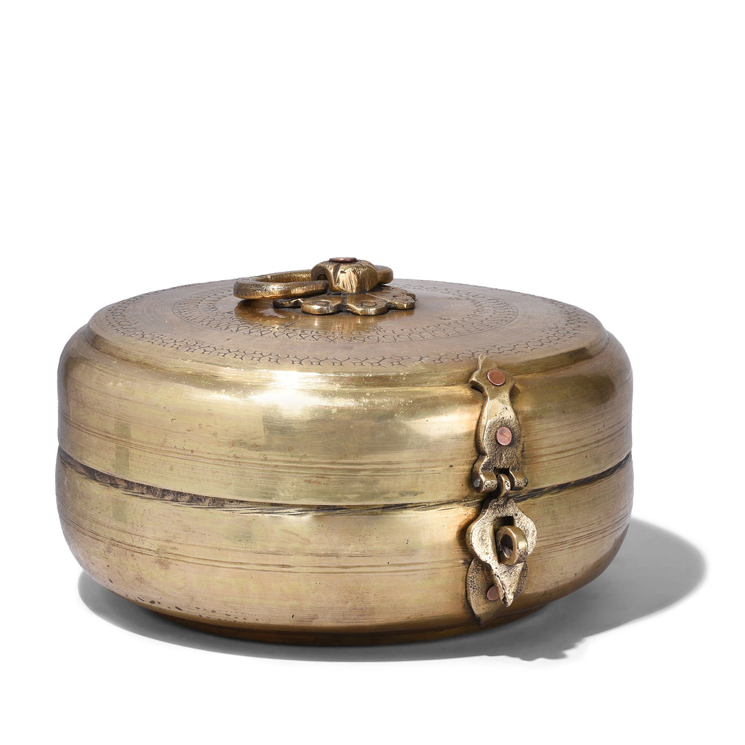 Antique Brass Chapati Box From Rajasthan With Engraved Lids Circa 1900