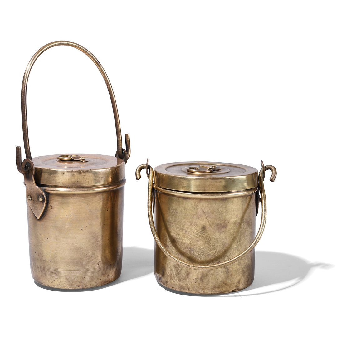 Antique Brass Food Caddies From Northern India With Long Handles And Lift Off Lids Circa 1950