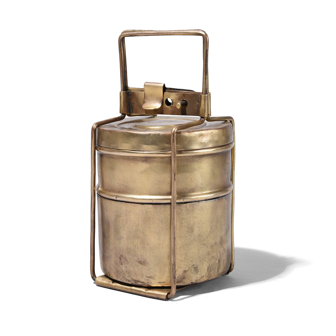 Antique Brass Indian Tiffin Box Dabba With Two Tier Containers Early 20th Century