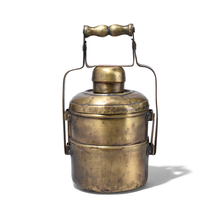 Antique Brass Two Tier Indian Tiffin With Domed Lid And Handle