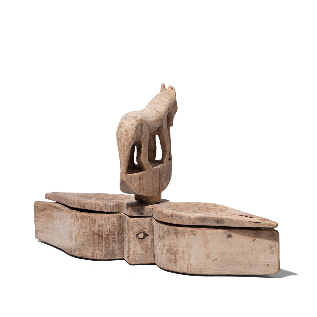 Carved Teak Tika Box From Banswara Rajasthan With Lotus Decoration And Horse Handle 19th Century