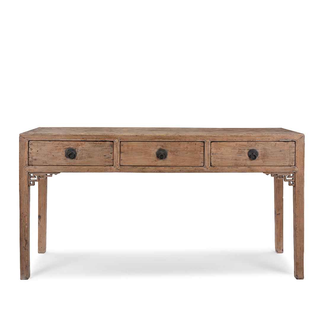 Antique Chinese 19th Century Bleached Poplar Console Table With Three Drawers From Shanxi