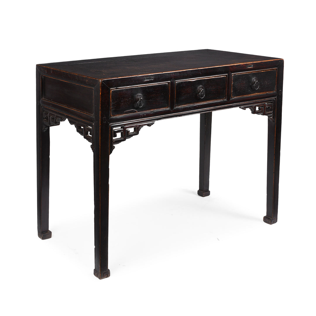Angled View Of Antique Chinese Black Lacquer 3 Drawer Console Table | Indigo Antiques