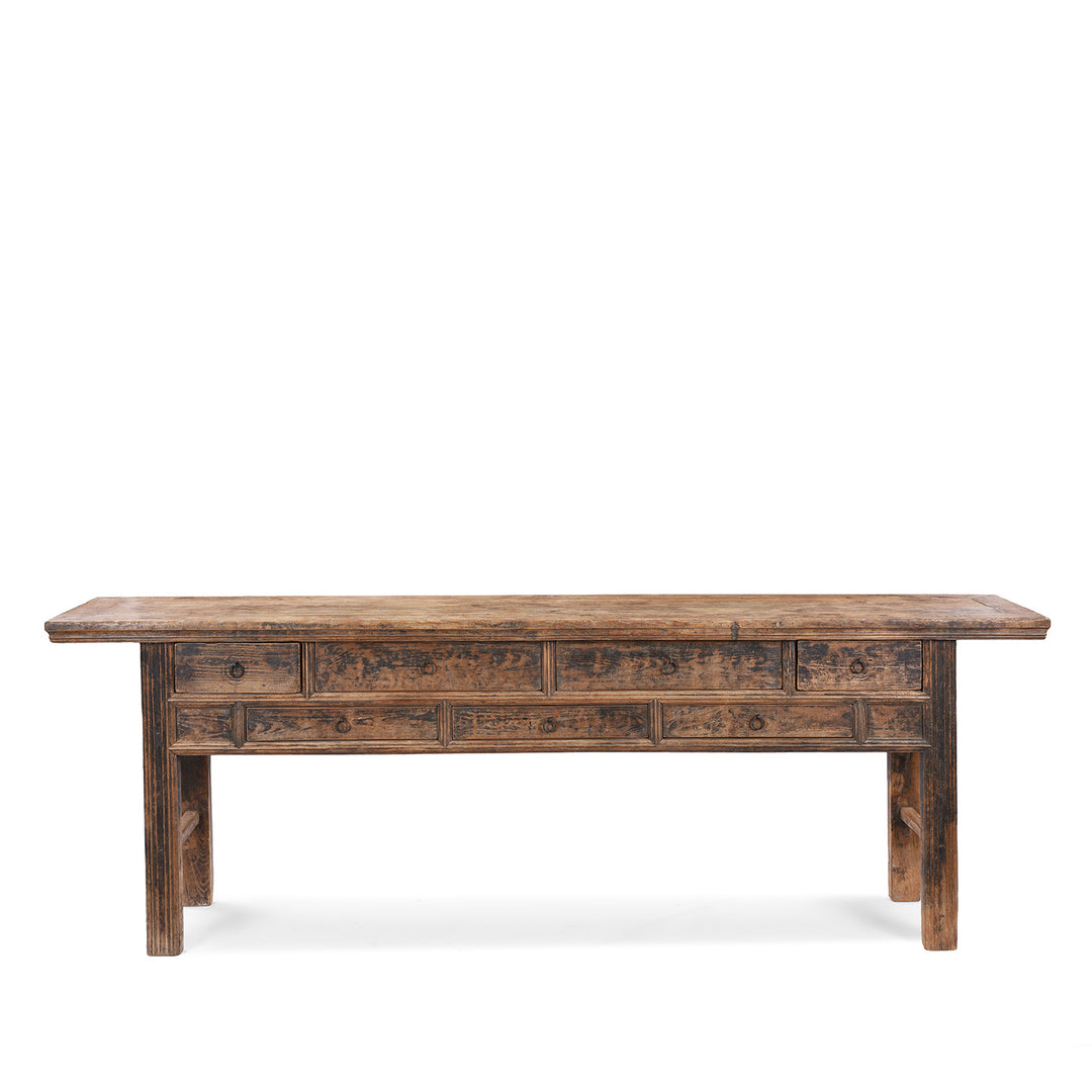Antique Chinese Elm Console Table With Seven Drawers And Rustic Aged Patina
