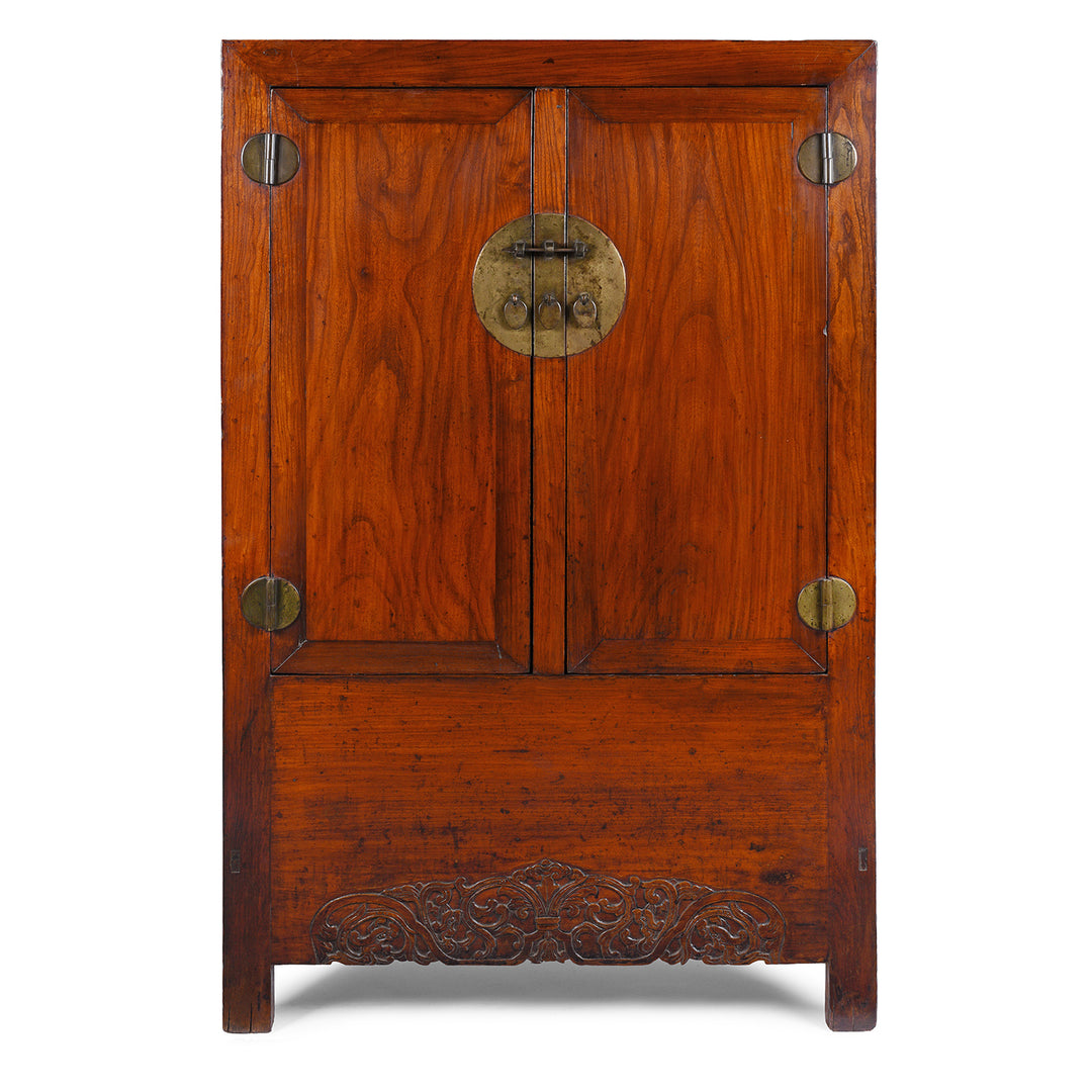 Antique Chinese Elm Compound Cabinet With Brass Fittings And Carved Lower Panel