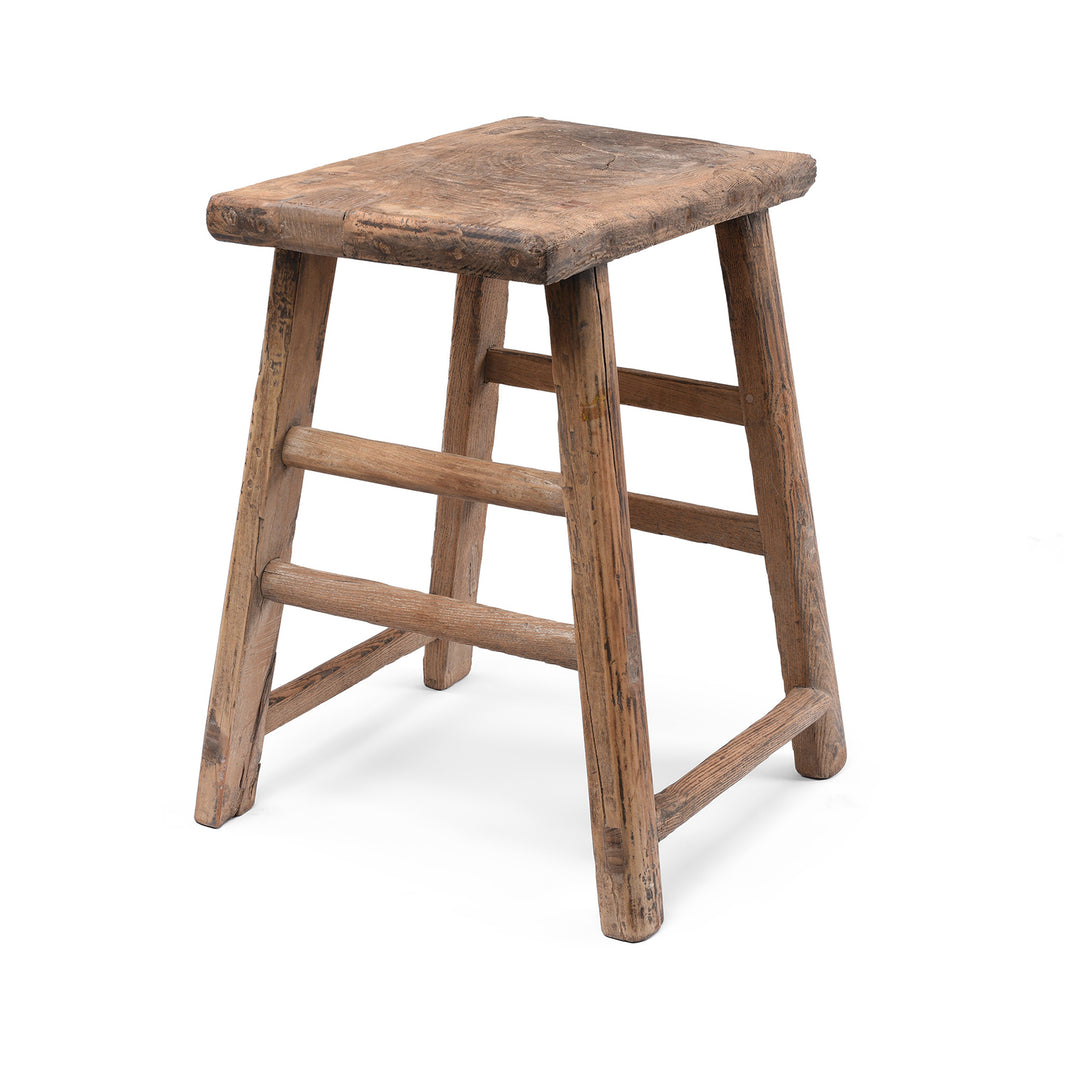 Antique Chinese Elm Farmers Milking Stool With Rustic Handcrafted Rectangular Seat And Splayed Legs
