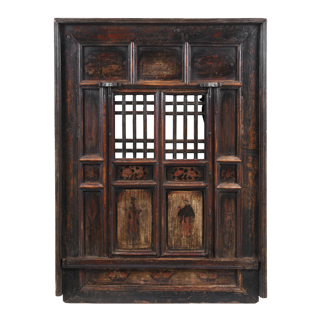 Antique Chinese Elm Window With Latticework And Painted Panels