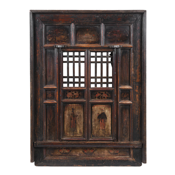 Antique Chinese Elm Window With Latticework And Painted Panels
