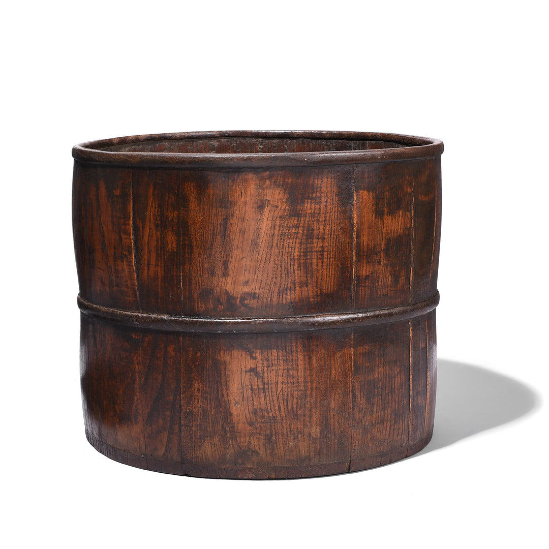 Antique Chinese Elm Wood Grain Measure With Iron Band