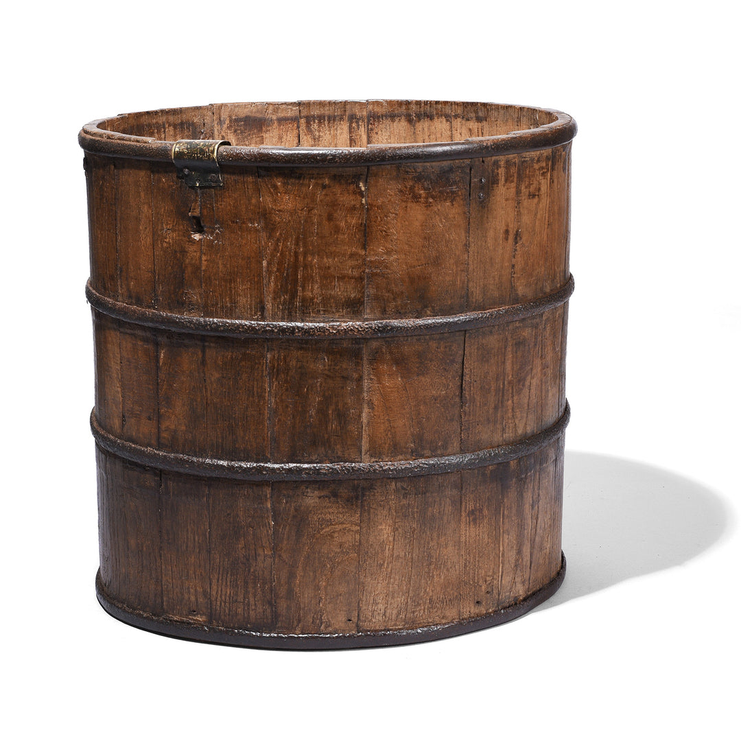 Antique Chinese Elm Wood Grain Measure With Iron Bands