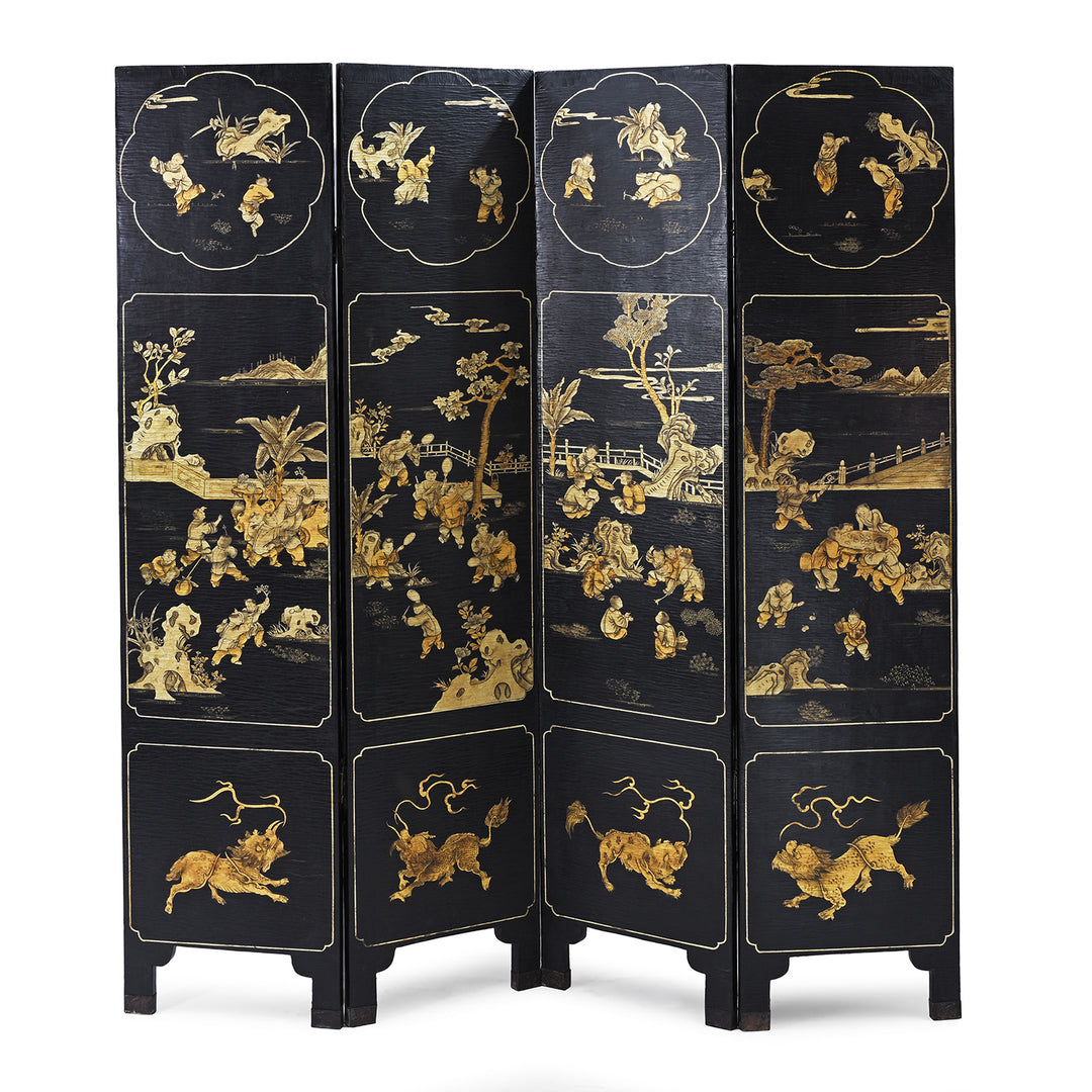 Antique Chinese Export Black & Gilt Lacquer Screen | Indigo Antiques
