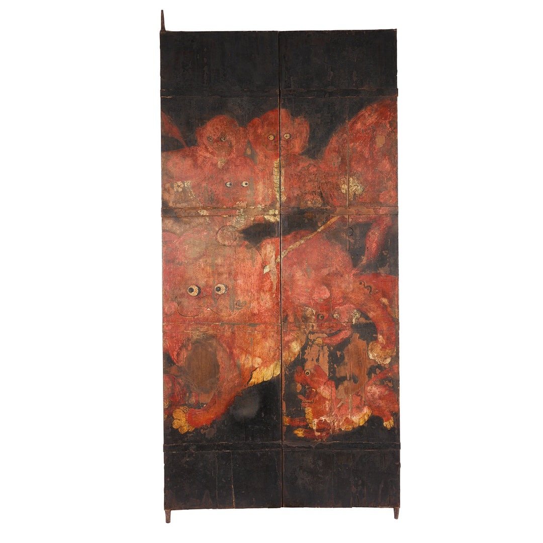 Antique Painted Pine 'Foo Dog' Doors From Shanxi | Indigo Antiques
