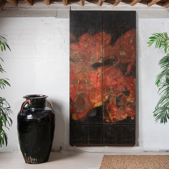 Antique Painted Pine 'Foo Dog' Doors From Shanxi | Indigo Antiques