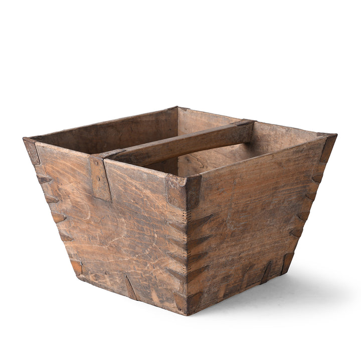 Antique Chinese Wooden Market Trug With Central Handle And Rustic Patina
