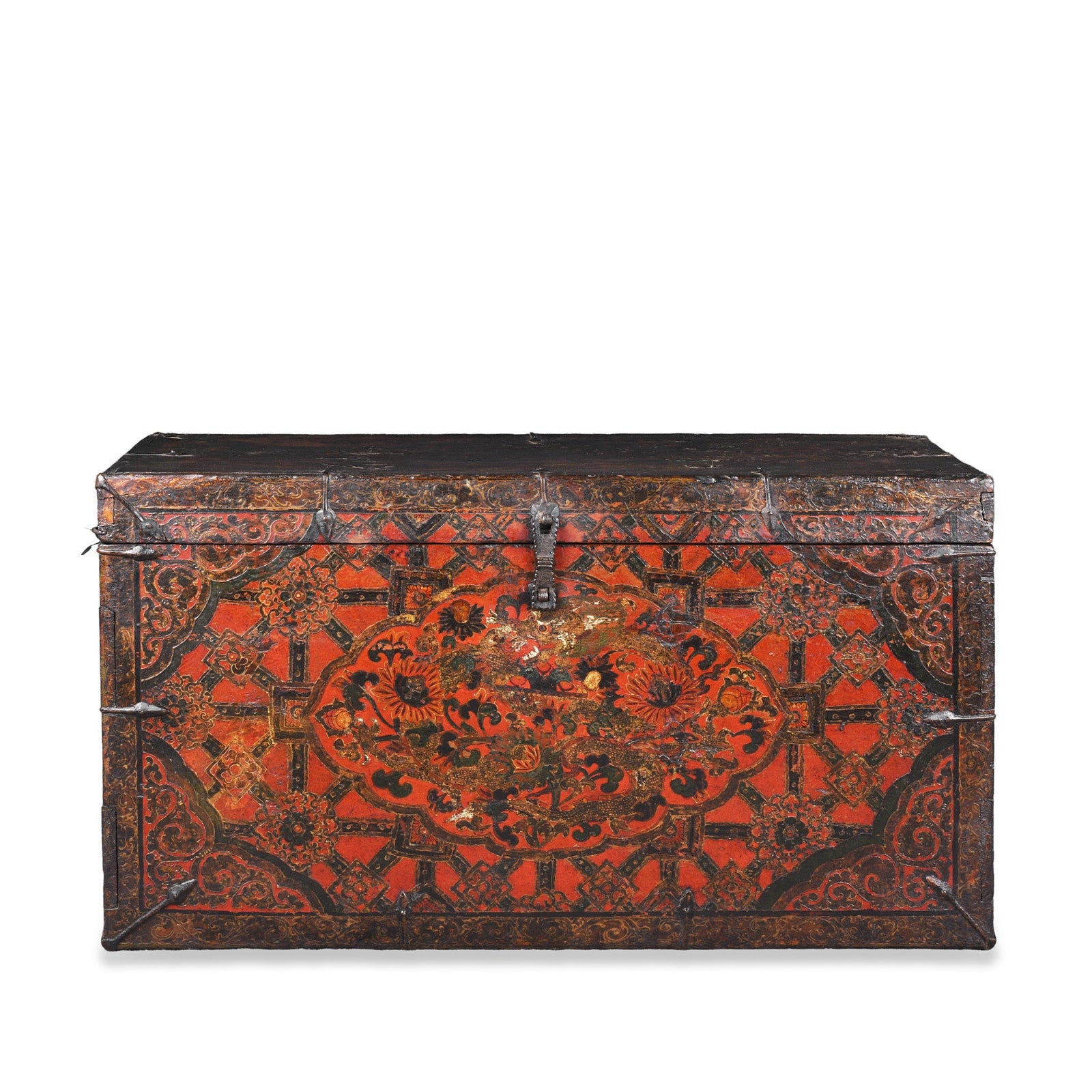 Antique Tibetan Painted Storage Chest With Red And Gold Floral Motif And Central Dragon Design