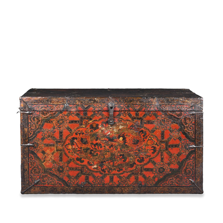 Antique Tibetan Painted Storage Chest With Red And Gold Floral Motif And Central Dragon Design