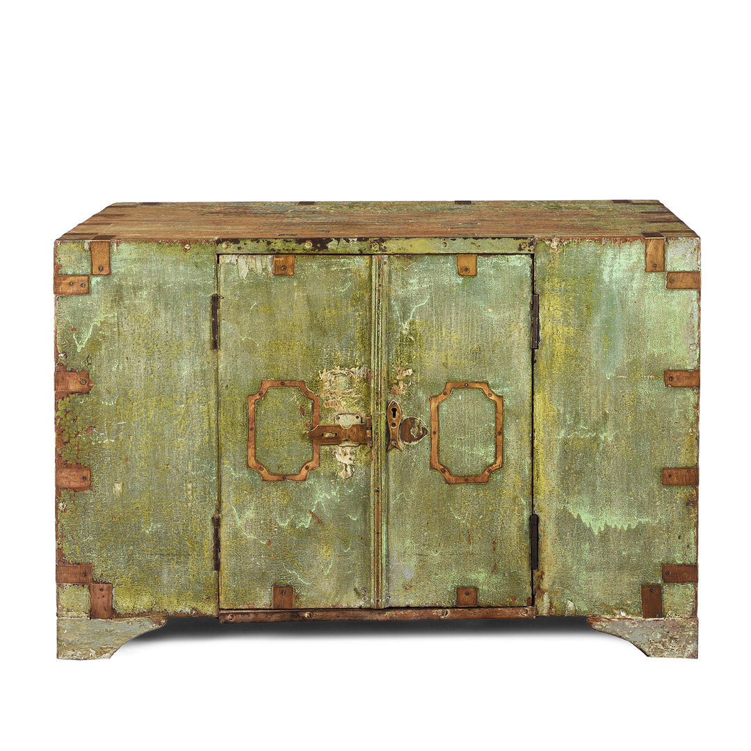 Antique Front Opening Indian Green Painted Teak Military Chest | Indigo Antiques