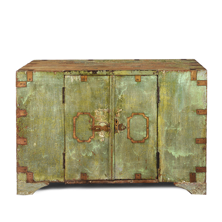 Antique Front Opening Indian Green Painted Teak Military Chest | Indigo Antiques