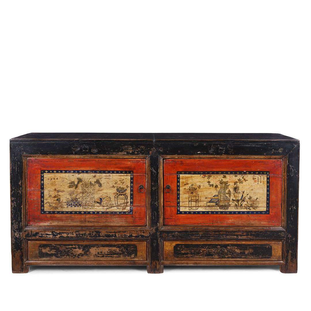 Antique Gansu Sideboard With Original Painted Scholarly Motifs And Front Opening Doors | Indigo Antiques