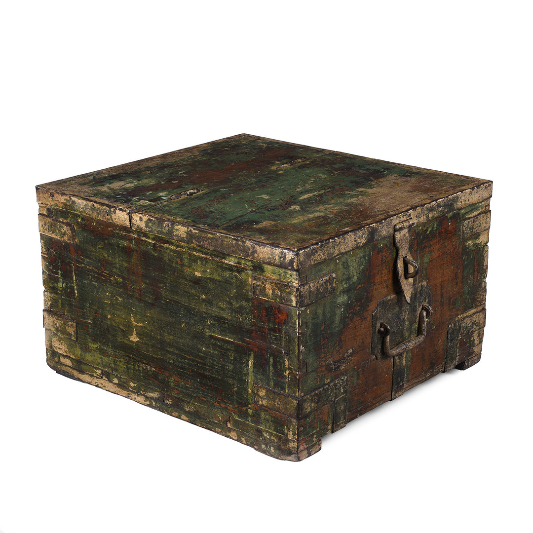 Angled View Of Antique Green Painted British Colonial Limber Chest With Iron Straps And Teak Construction