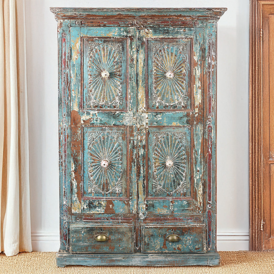 Antique Green Painted Carved Almirah Cabinet With Sunburst Panels | Indigo Antiques
