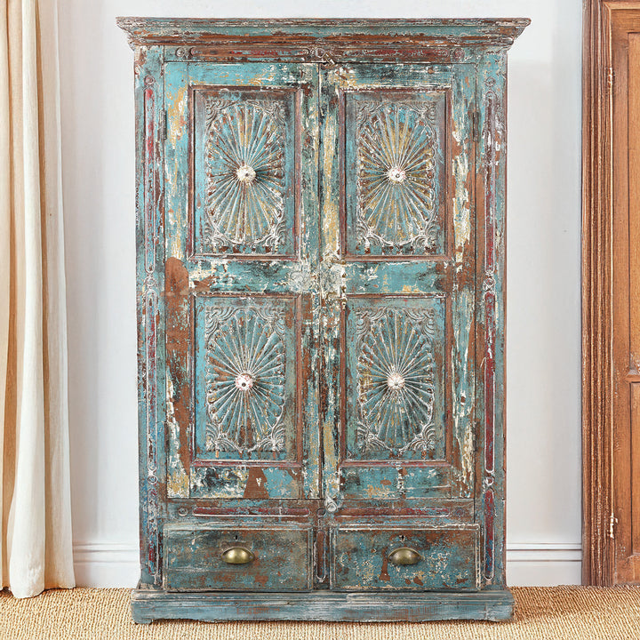 Antique Green Painted Carved Almirah Cabinet With Sunburst Panels | Indigo Antiques