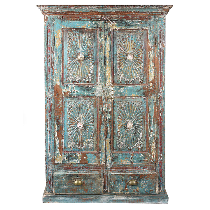 Antique Green Painted Carved Almirah Cabinet With Sunburst Panels | Indigo Antiques