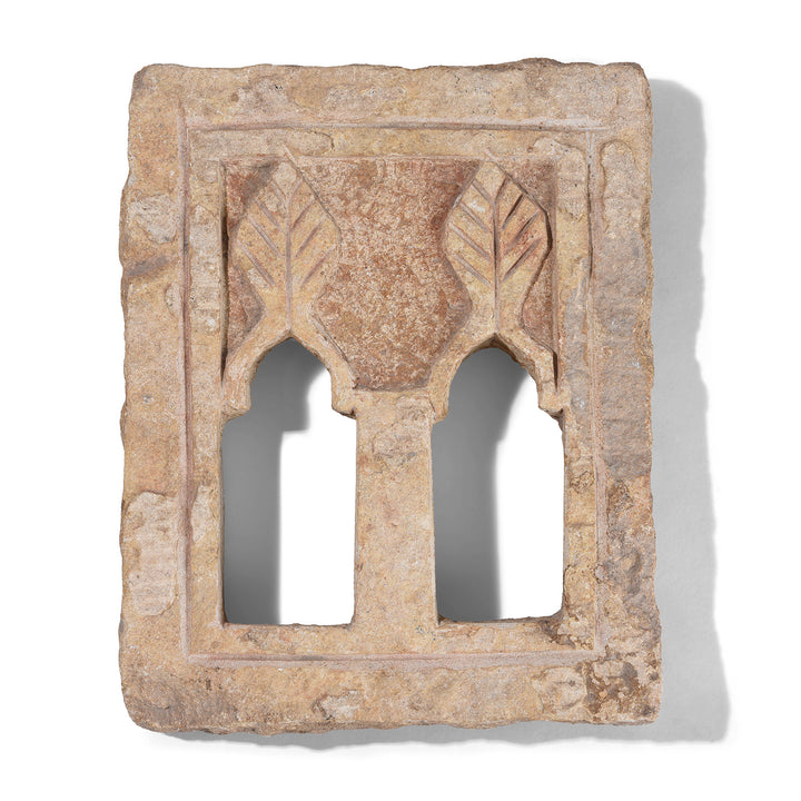 Antique Hand Carved Jaisalmer Yellow Stone Twin Arch Lamp Niche From Rajasthan 19th Century