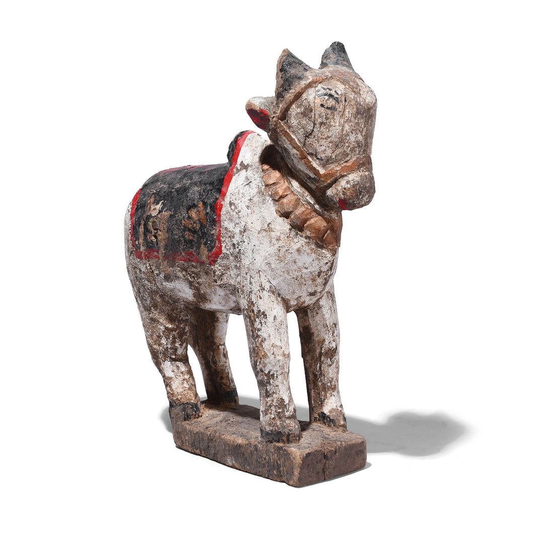 Antique Hand Carved Teak Nandi Bull Figure With White Black And Red Painted Decoration On Base From Rajasthan Early 20th Century