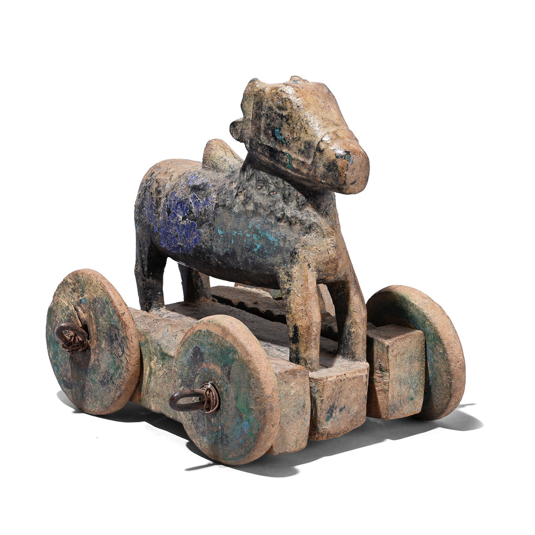 Antique Hand Carved Teak Nandi Bull Toy On Wooden Wheels From Rajasthan Early 20th Century | Indigo Antiques