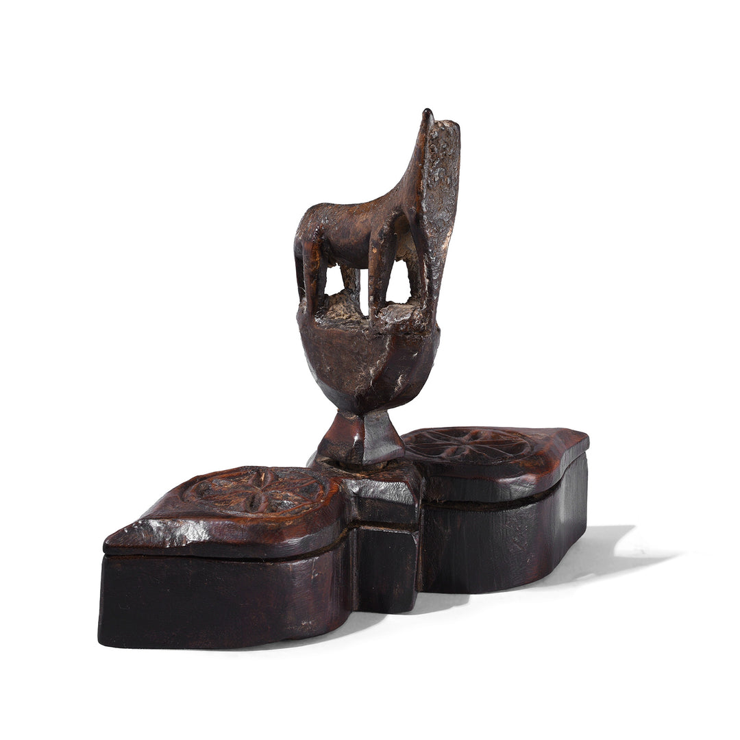 Antique Hand Carved Wooden Spice Box From Rajasthan With Horse Finial And Two Compartments