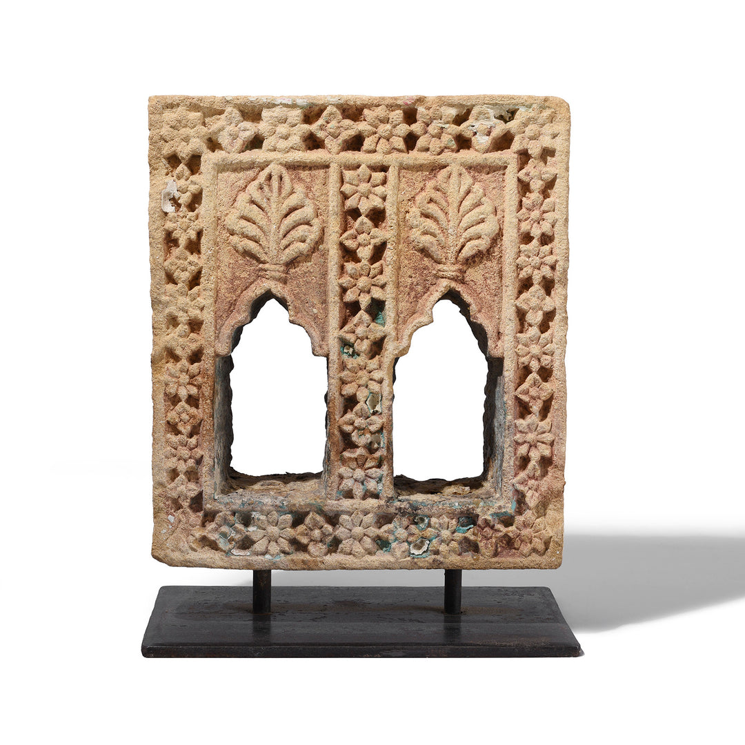 Antique Hand Carved Yellow Sandstone Lamp Niche From Jaisalmer Rajasthan With Floral Detailing Mounted On Iron Stand
