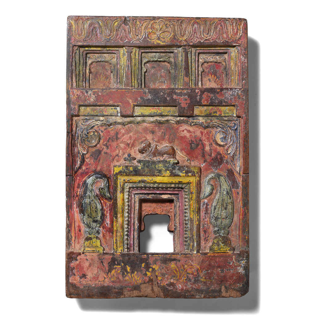 Antique Hand Painted Teak Votive Panel From Andhra Pradesh South India With Folk Carved Architectural Detail