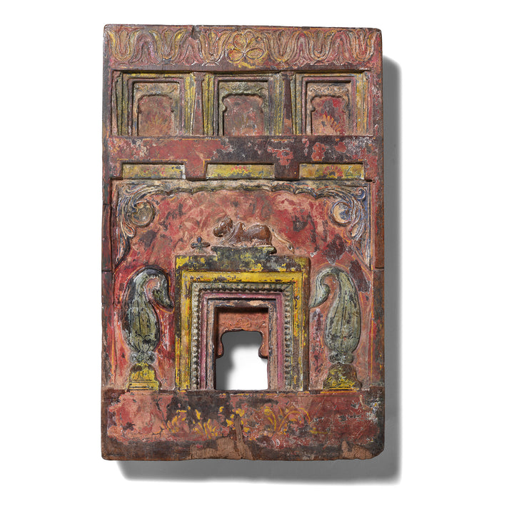 Antique Hand Painted Teak Votive Panel From Andhra Pradesh South India With Folk Carved Architectural Detail