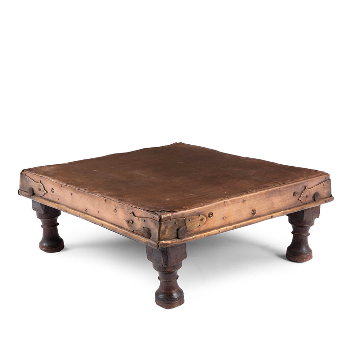 Angled View Of Antique Indian Brass Bajot Low Table From Shekhawati | Indigo Antiques