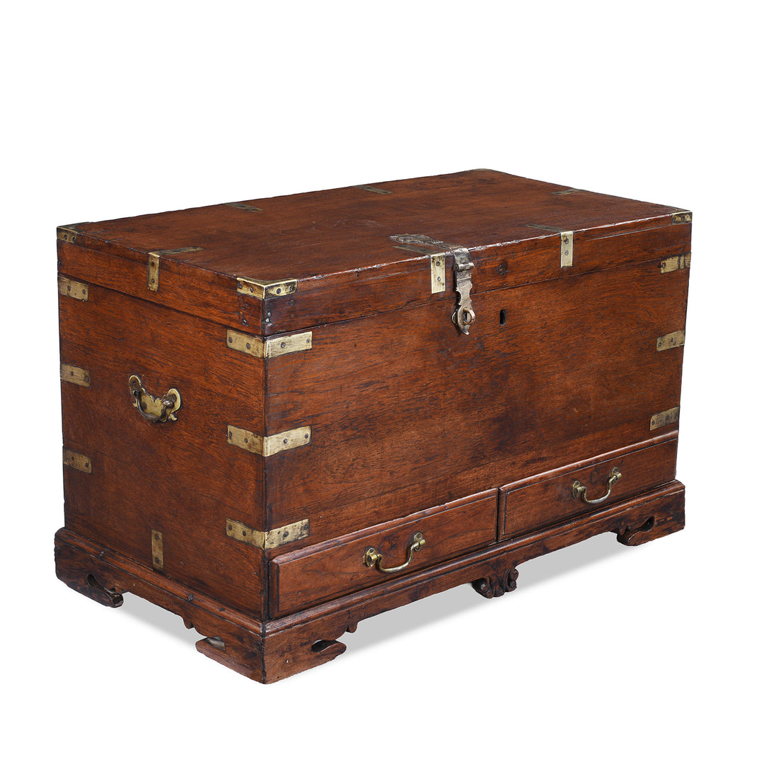 Angled View Of Antique Indian Brass Bound Teak Chest | Indigo Antiques