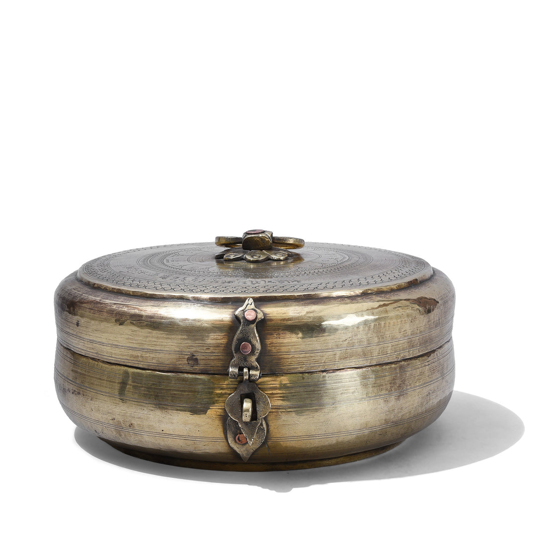 Antique Indian Brass Chapati Box With Hand Engraved Geometric Decoration From Rajasthan