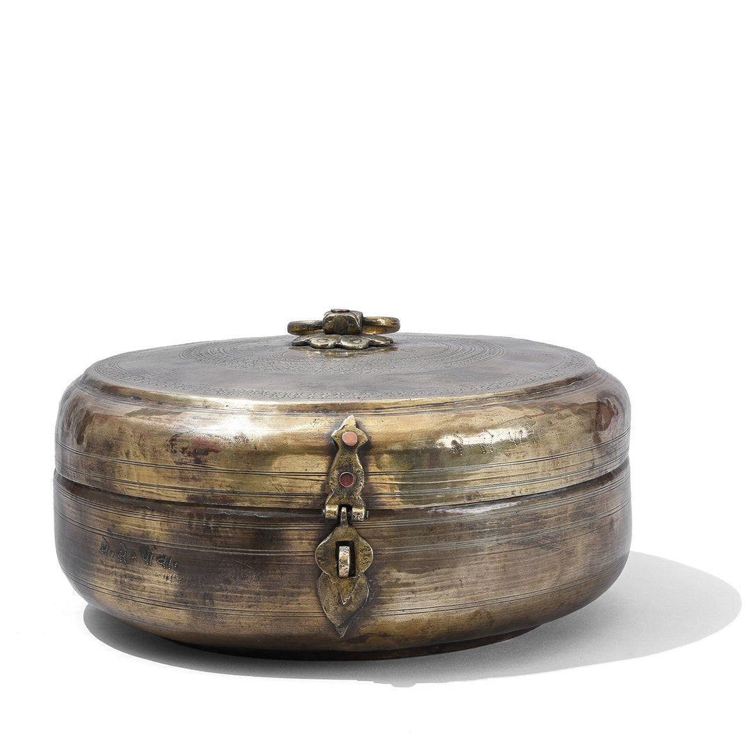 Antique Indian Brass Chapati Box With Hand Engraved Geometric Decoration From Rajasthan