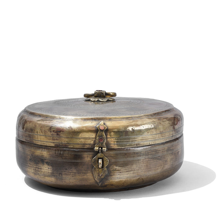 Antique Indian Brass Chapati Box With Hand Engraved Geometric Decoration From Rajasthan