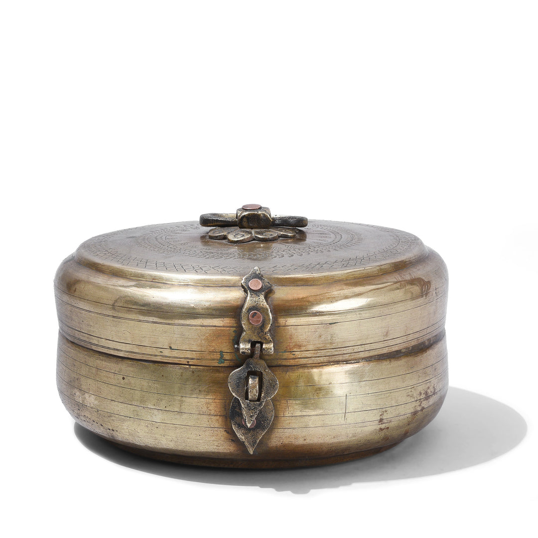 Antique Indian Brass Chapati Box With Hand Engraved Geometric Decoration From Rajasthan