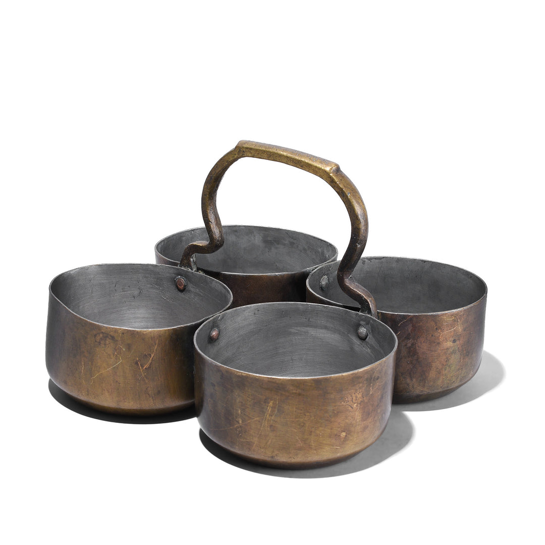 Antique Indian Brass Four Way Dusakar Pickle Dish With Central Handle And Aged Patina | Indigo Antiques