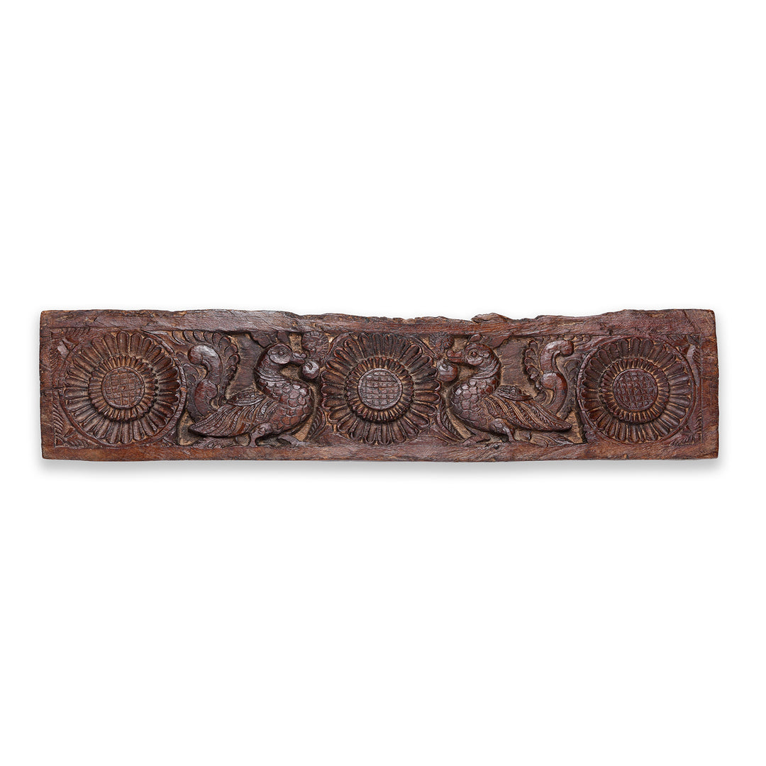 Hand Carved Antique Indian Lintel Panel With Stylised Floral Rosettes And Mythical Bird Motifs