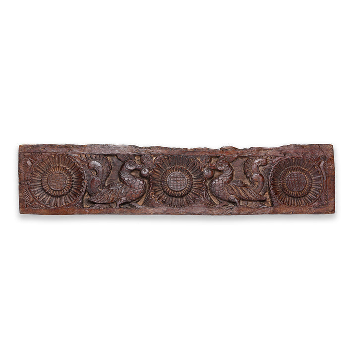 Hand Carved Antique Indian Lintel Panel With Stylised Floral Rosettes And Mythical Bird Motifs