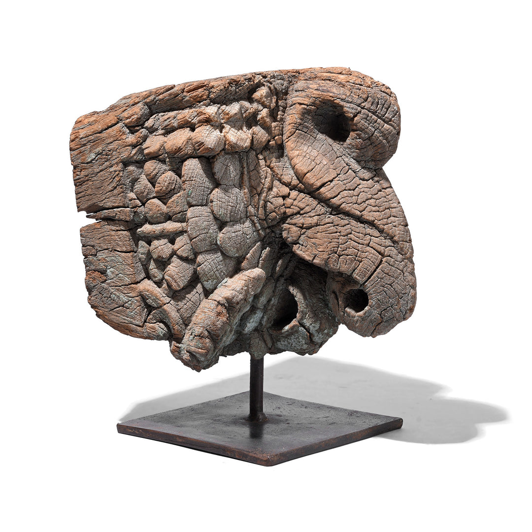 Angled View Of Antique Indian Carved Teak Elephant &  Peacock Corbel | Indigo Antiques